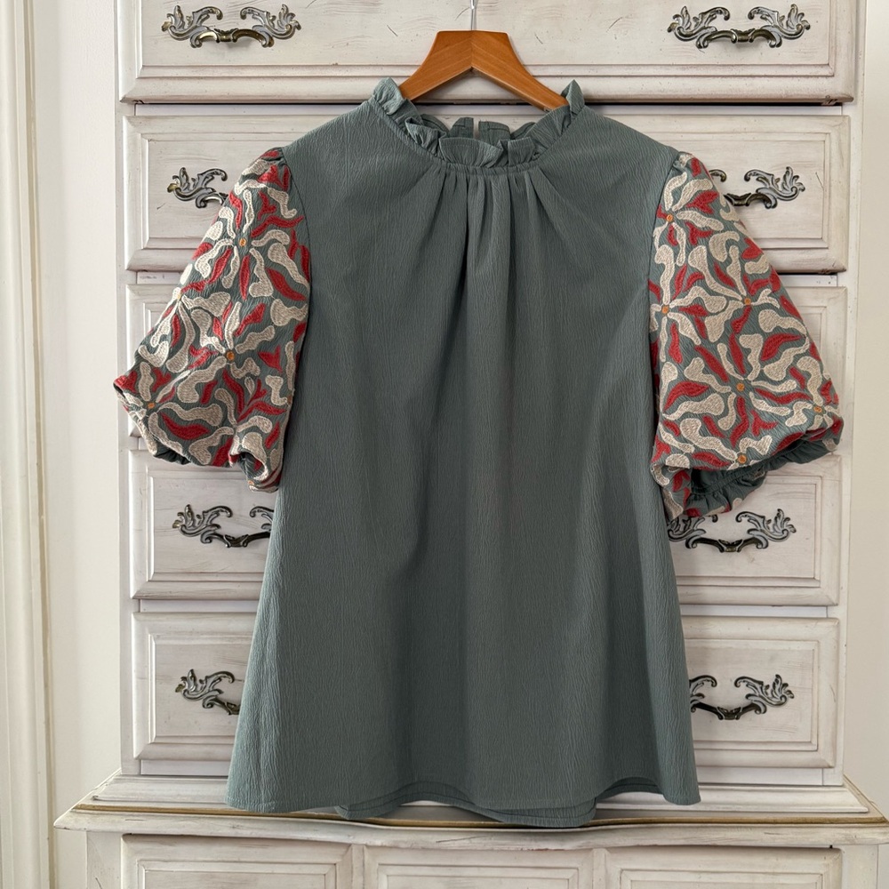 Vici Olive Embroidered Puff Sleeve Victorian Top